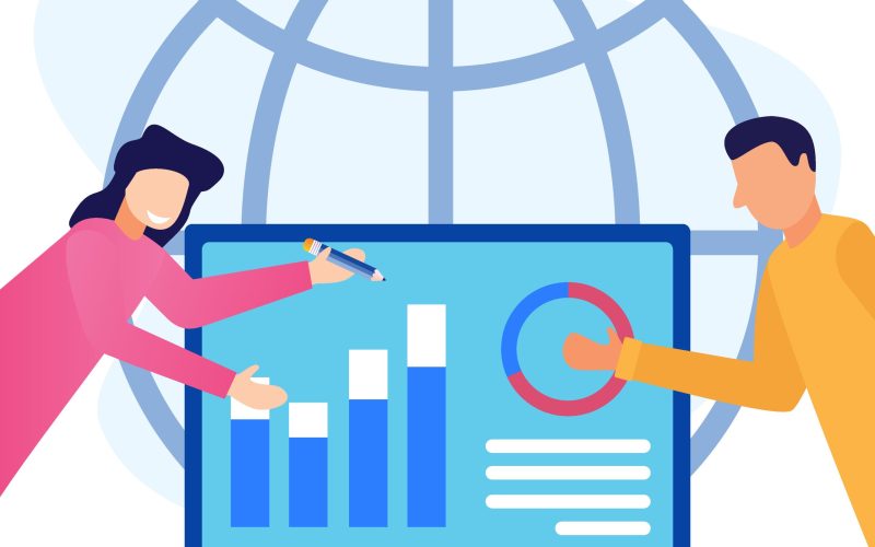 Vector illustration of global trade market and international finance growth. Financial statistics with development trends as economic progress.